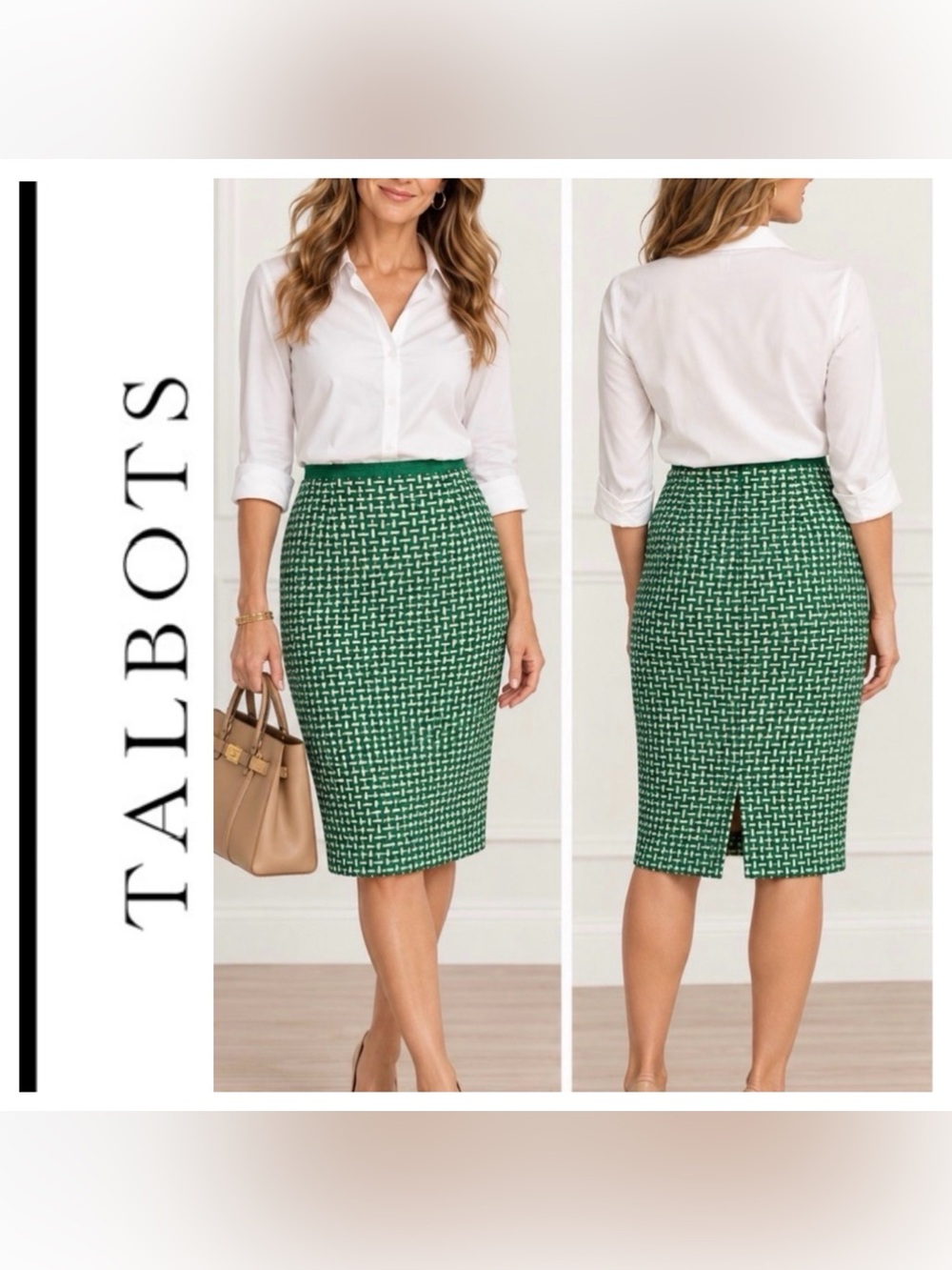 NWT Talbots Green Tweed-Inspired Pencil Skirt Size 8